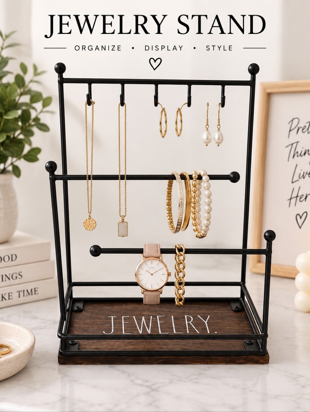 Rae Dunn Black Metal Jewelry Organizer with Wood Tray